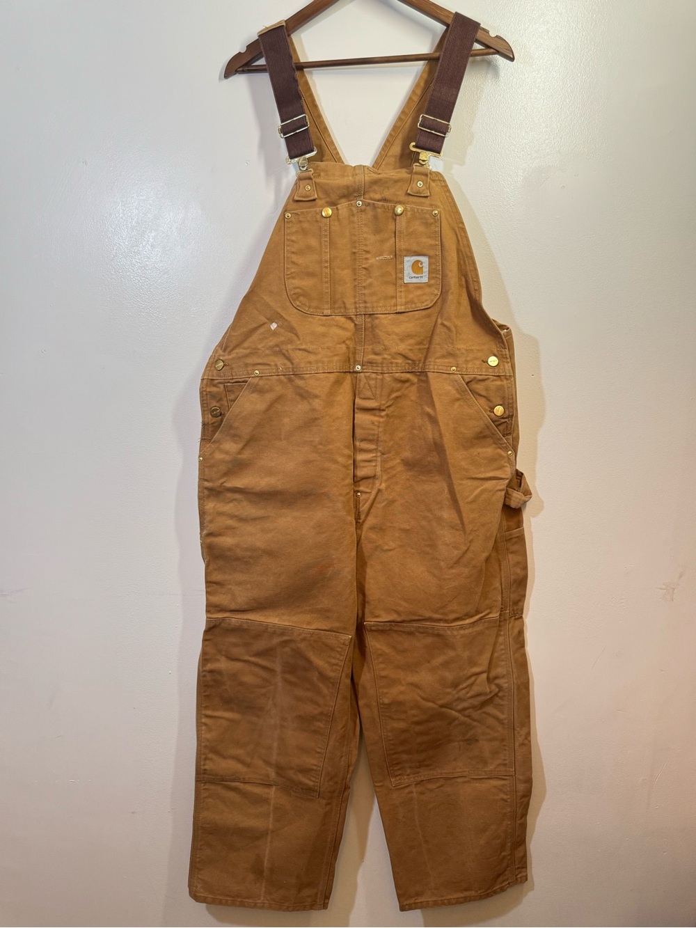 Carhartt Overalls Mens 42x30 Brown Tan Bib Unlined Double Knee Duck Canvas R01